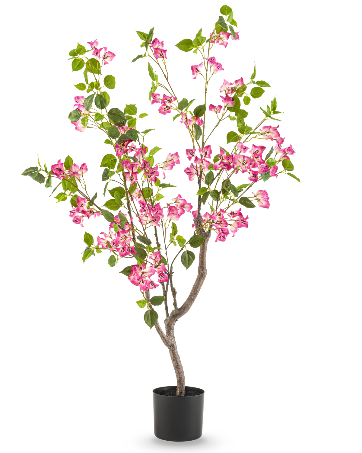 La buganvilla artificial de 120 cm tiene múltiples ramas, hojas verdes y ramos de flores de color rosa vibrante sobre un fondo blanco liso.