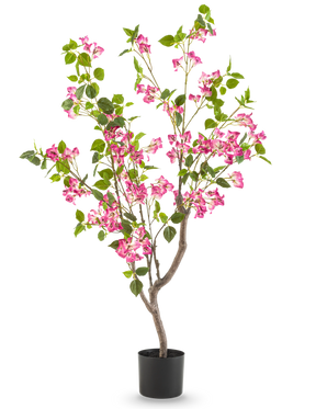 La buganvilla artificial de 120 cm tiene múltiples ramas, hojas verdes y ramos de flores de color rosa vibrante sobre un fondo blanco liso.
