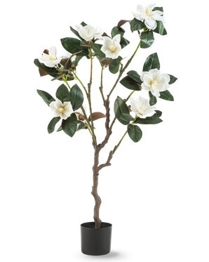 La planta Yulania Artificial 120 cm con flor es un árbol de magnolia artificial en maceta con múltiples ramas, grandes hojas de color verde brillante y varias flores blancas sobre un fondo liso blanco.