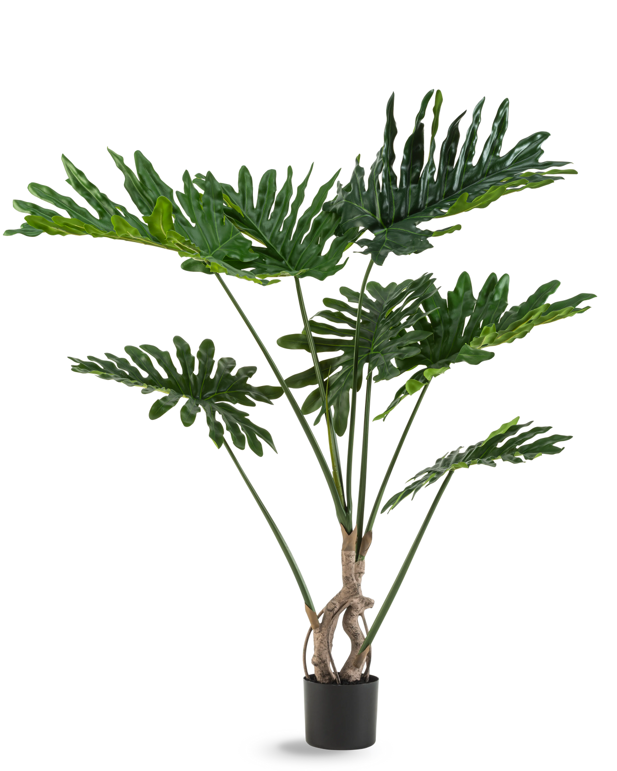 La Planta Artificial Filodendro 120 cm tiene hojas verdes grandes, brillantes y profundamente cortadas y varios tallos largos con un tronco retorcido, sobre un fondo blanco liso.