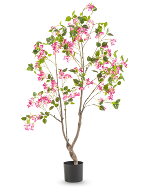 La Buganvilla Artificial de 150 cm es una planta artificial alta con múltiples ramas, hojas verdes y flores de color rosa vibrante en una maceta negra, sobre un fondo blanco liso.