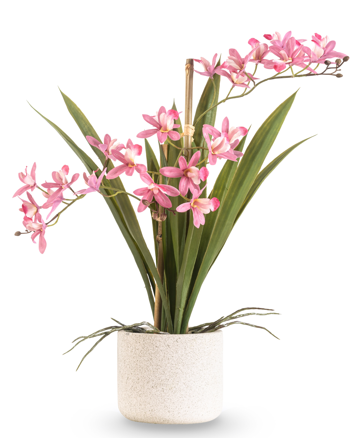 La Planta Artificial Mini Cymbidium Real Touch 45 cm rosa tiene largas hojas verdes y varios tallos florales de color rosa, dispuestos en una sencilla maceta de textura blanca y sobre un fondo liso.
