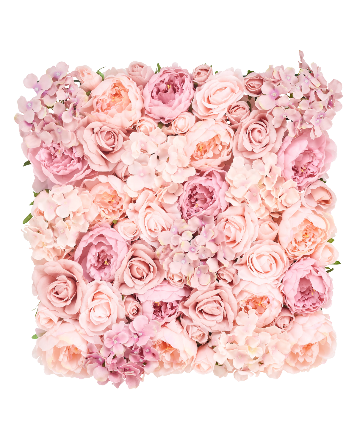 Las flores de seto artificiales de 50 x 50 cm tienen una exhibición cuadrada de rosas, peonías y hortensias rosas y ruborizadas muy juntas para una apariencia suave y elegante sobre un fondo blanco.