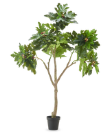 La planta artificial Ficus Carica higuera de 210 cm tiene múltiples ramas, hojas verdes exuberantes y varios higos verdes sobre un fondo blanco liso.