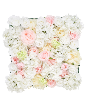 El Seto Artificial Flores 50x50 cm blanco tiene un panel cuadrado lleno de rosas, peonías y hortensias blancas artificiales sobre un fondo blanco.
