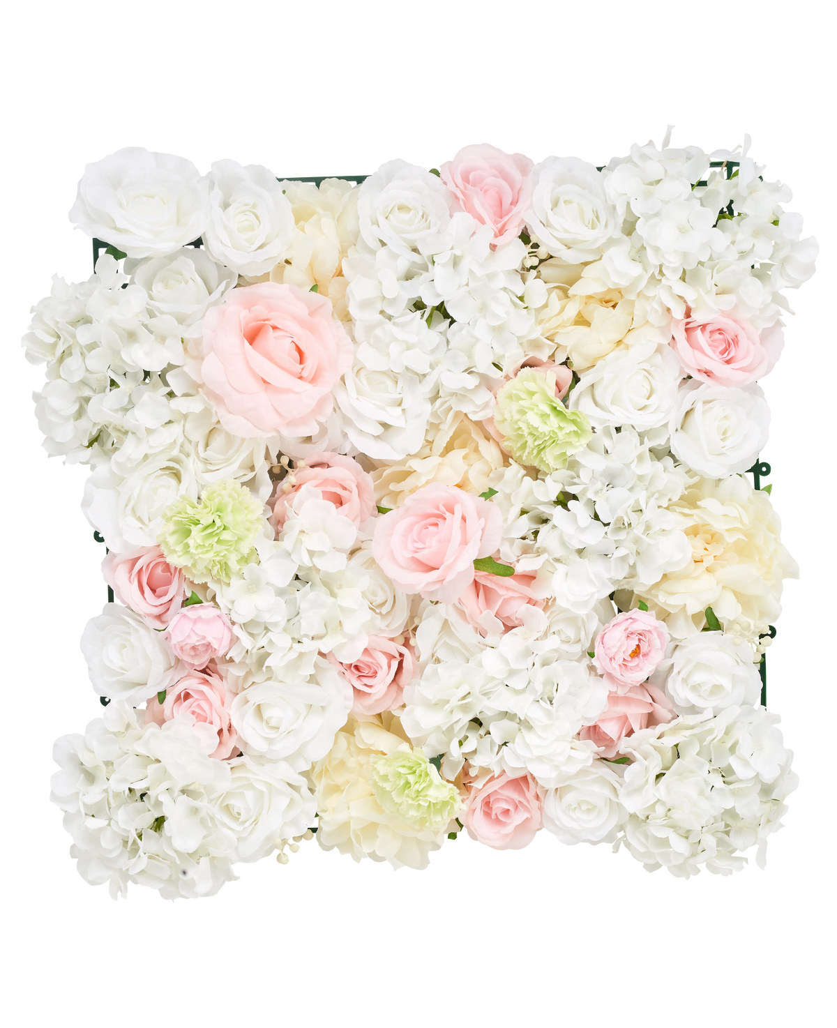 El Seto Artificial Flores 50x50 cm blanco tiene un panel cuadrado lleno de rosas, peonías y hortensias blancas artificiales sobre un fondo blanco.