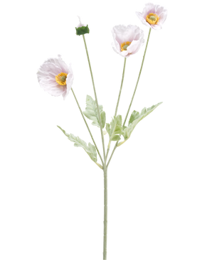 La Flor Artificial Amapola Real Touch violeta 60 cm tiene un solo tallo con tres flores de amapola de color violeta claro, un capullo cerrado, corazones amarillos, pétalos delicados y hojas de color verde claro sobre un fondo blanco.