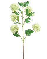 La Flor Artificial Bola de Nieve 77 cm verde tiene un único tallo verde con múltiples ramas, cada una decorada con ramos de flores redondas de color verde claro y varias hojas verdes, todas aisladas sobre un fondo blanco.