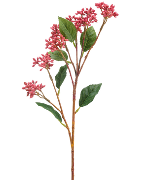 La Flor Artificial Baya Japonesa 62 cm rosa oscuro tiene un único tallo artificial con racimos de pequeñas flores de color rosa oscuro y algunas hojas verdes, sobre un fondo blanco.