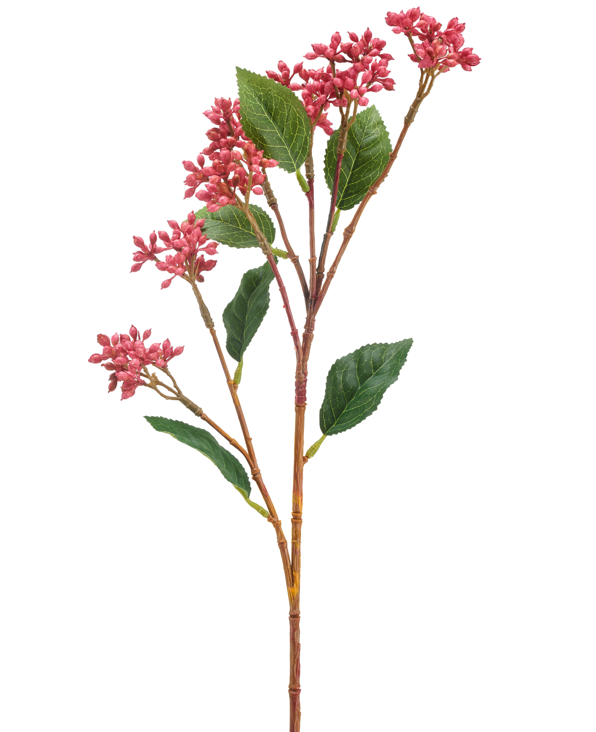 La Flor Artificial Baya Japonesa 62 cm rosa oscuro tiene un único tallo artificial con racimos de pequeñas flores de color rosa oscuro y algunas hojas verdes, sobre un fondo blanco.