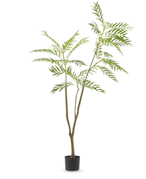 La planta artificial Mahonia 150 cm es un árbol artificial alto en una maceta con troncos esbeltos de color marrón y hojas verdes largas y estrechas, representado sobre un fondo blanco liso.