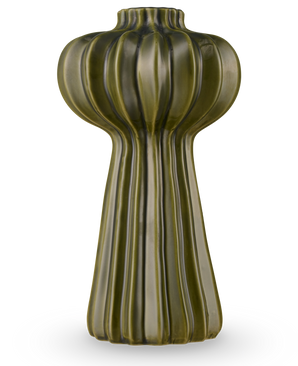 El jarrón Morning Dawdrop de 25 cm verde es un jarrón alto y moderno con un acabado en verde oliva brillante, crestas verticales y una forma orgánica y escultórica que se va estrechando desde una parte superior esférica hasta una elegante base estriada.