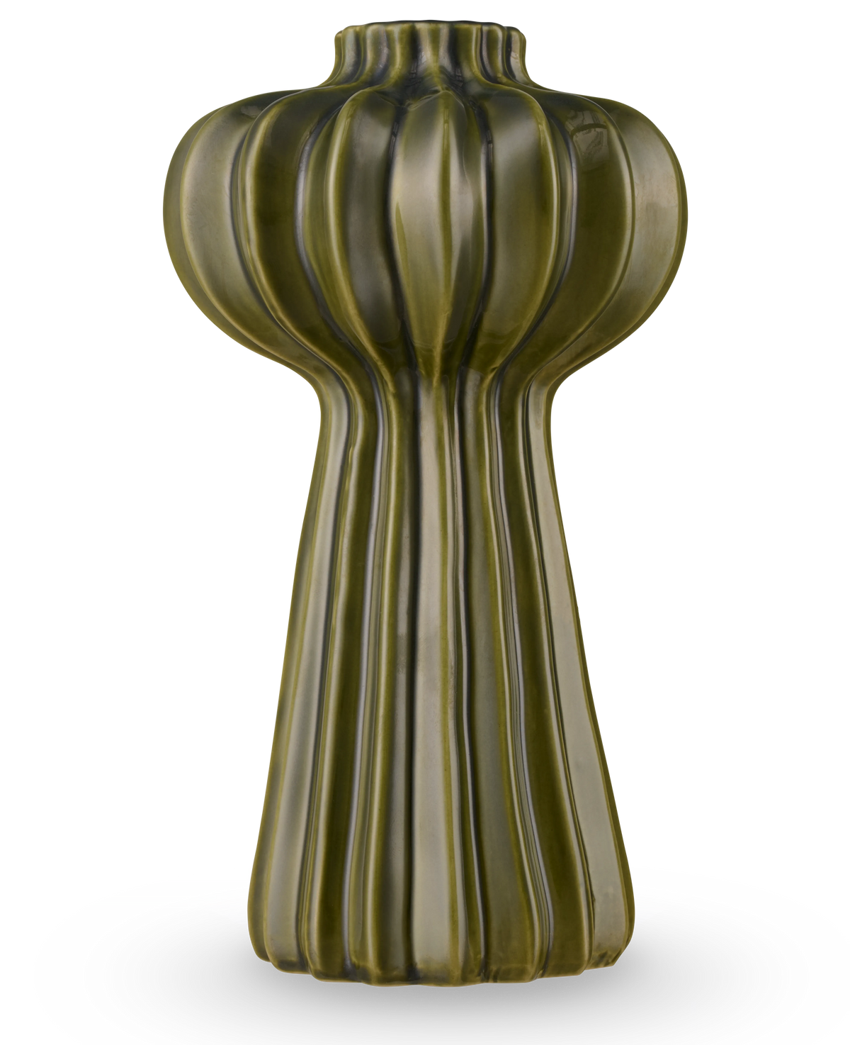 El jarrón Morning Dawdrop de 25 cm verde es un jarrón alto y moderno con un acabado en verde oliva brillante, crestas verticales y una forma orgánica y escultórica que se va estrechando desde una parte superior esférica hasta una elegante base estriada.