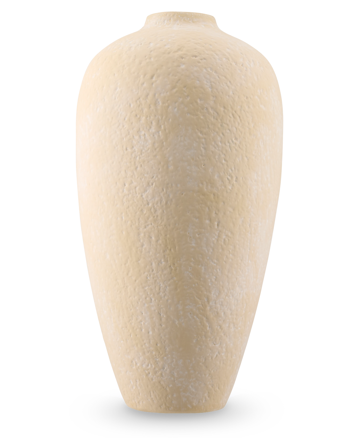 El jarrón Calm Bloom de 42 cm beige es un jarrón de cerámica alto, ovalado, con una superficie estructurada y una abertura estrecha, sobre un fondo blanco liso.