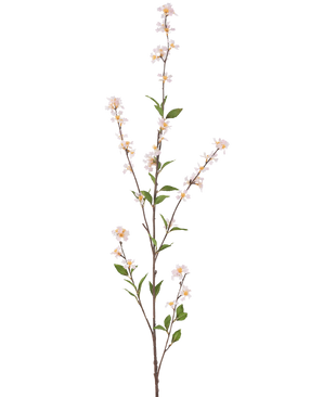 La flor artificial Flowers 119 cm rubor es una rama artificial alta y esbelta con delicadas flores blancas y hojas verdes en toda su longitud, sobre un fondo blanco liso.