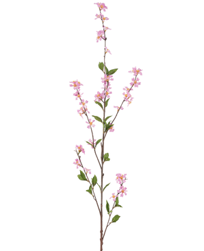 La flor artificial Flowers 119 cm rosa tiene una sola rama alta con pequeñas flores rosas y hojas verdes sobre finos tallos marrones, sobre un fondo blanco liso.