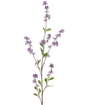 La Flor Artificial Flores 119 cm violeta tiene una rama alta y esbelta con ramos de pequeñas flores violetas y hojas verdes, perfecta para alegrar cualquier habitación.