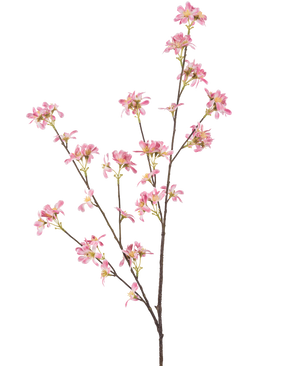 La Flor Artificial Flores 112 cm rosa tiene una única rama marrón con múltiples retoños, decorada con ramos de pequeñas flores rosas con un corazón amarillo, sobre un fondo liso blanco.