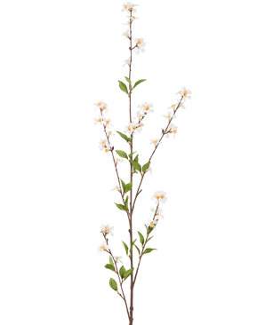 La flor artificial Flowers 119 cm crema tiene una sola rama alta con flores de color crema y hojas verdes a lo largo de los delgados tallos marrones, sobre un fondo blanco liso.