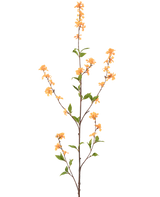 Una flor artificial alta y delgada de 119 cm de color amarillo con varios retoños con racimos de pequeñas flores amarillas y hojas verdes, aisladas sobre un fondo blanco.