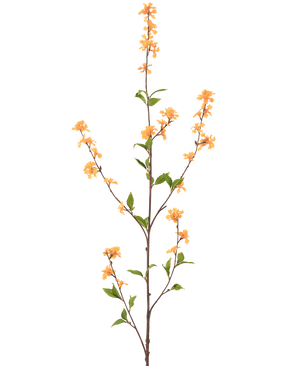 Una flor artificial alta y delgada de 119 cm de color amarillo con varios retoños con racimos de pequeñas flores amarillas y hojas verdes, aisladas sobre un fondo blanco.
