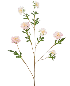 La flor artificial Aciano 112 cm rosa claro tiene un tallo largo y delgado con varias ramas, cada una con flores tipo peonía de color rosa claro y hojas verdes, sobre un fondo blanco liso.