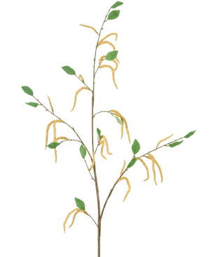 La flor artificial Amaranto 147 cm amarilla se compone de una rama delgada con hojas verdes y varios amentos amarillos colgantes, representados sobre un fondo blanco.