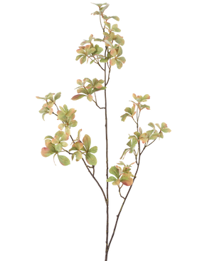 La rama de flor artificial verde de 112 cm tiene un tallo delgado y ramificado con racimos de hojas verdes de color rosa claro y crema, sobre un fondo blanco liso.