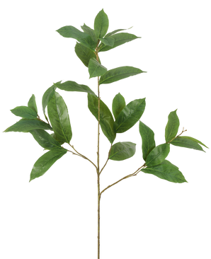 La Rama de Hojas Artificiales de 102 cm verde tiene una única rama delgada con múltiples vástagos, cada uno decorado con varias hojas alargadas de color verde brillante, sobre un fondo blanco liso.
