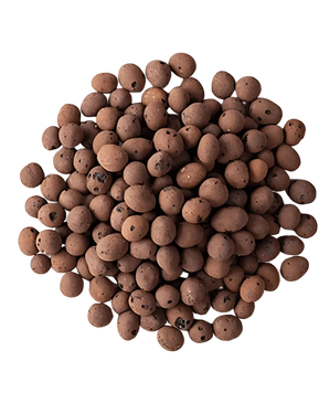 Un montón suelto de bolsa de 10 litros de Hydro Granules, gránulos redondos de arcilla marrón utilizados como medio de cultivo en hidroponía y jardinería acuapónica, mostrados sobre un fondo blanco.