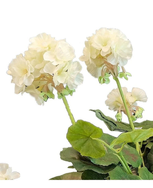 El geranio artificial de 40 cm blanco tiene flores de color crema claro con tallos y hojas verdes sobre un fondo blanco: una bonita adición a cualquier colección de flores artificiales.