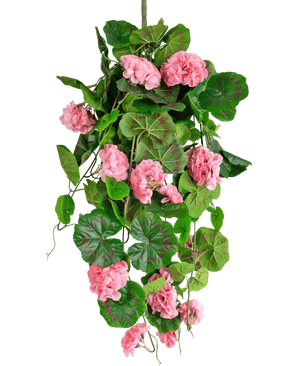 La Planta colgante artificial Geranio 75 cm rosa tiene hojas verdes artificiales y flores de geranio rosa que caen, perfectas como decoración colgante sobre un fondo blanco.