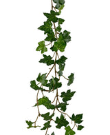 La planta colgante artificial Ivy garland deluxe 180 cm verde tiene una hebra colgante realista de hiedra verde con múltiples hojas puntiagudas sobre una fina enredadera, bellamente aislada sobre un fondo blanco.