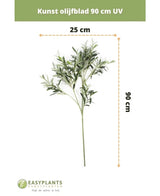 Hoja de olivo artificial 90 cm UV de EasyPlants, 90 cm de alto y 25 cm de ancho. Esta hoja artificial resistente a los rayos UV aportará una atmósfera mediterránea duradera a su espacio con sus vibrantes hojas verdes.
