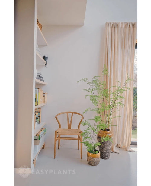 En una habitación luminosa, cerca de una ventana que llega hasta el suelo con cortinas beige, se encuentran una silla de madera, una estantería y tres plantas verdes en macetas, entre ellas el llamativo helecho artificial de 120 cm. El espacio irradia paz y minimalismo, perfecto para utilizar hermosas plantas de interior o una elegante planta artificial como el Helecho Artificial de 120 cm.