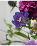 Un primer plano de la Flor Artificial Harebell de 62 cm violeta, una delicada flor artificial violeta con venas profundas y estambres amarillos, entre hojas verdes y flores suaves de color rosa pálido y violeta al fondo.