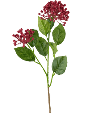 Una única flor de hortensia artificial de 55 cm de tallo rosa oscuro con hojas verdes y dos racimos de pequeños cogollos redondos de color rosa intenso sobre un fondo blanco liso.