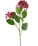 Una única flor de hortensia artificial de 55 cm de tallo rosa oscuro con hojas verdes y dos racimos de pequeños cogollos redondos de color rosa intenso sobre un fondo blanco liso.