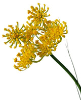 Primer plano de bonsái de hierba de cebolla con flor de raíz de césped artificial, 60 cm de altura, flores artificiales agrupadas de color amarillo sobre tallos verdes, retardante de fuego, aisladas sobre fondo blanco.