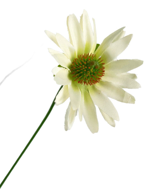 Una sola maceta de Cebolla de Crisantemo de Césped Artificial, de 60 cm de alto, con características ignífugas; una flor de margarita blanca artificial sobre un largo tallo verde, aislada sobre un fondo blanco.