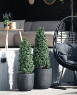Dos plantas artificiales de boj piramidal UV de 120 cm se colocan sobre una terraza de madera frente a una zona de estar al aire libre con un sofá luminoso, una mesa redonda con lavanda y una silla colgante negra.