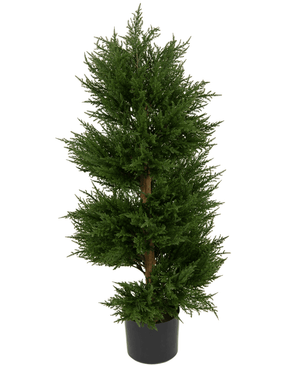 La Planta Artificial Conífera Espiral UV 90 cm tiene densas hojas verdes dispuestas en una elegante espiral y se presenta en una elegante maceta de plástico negro sobre un fondo blanco. Este ciprés artificial tratado con rayos UV y resistente a la intemperie está diseñado para conservar su apariencia vibrante tanto en interiores como en exteriores.