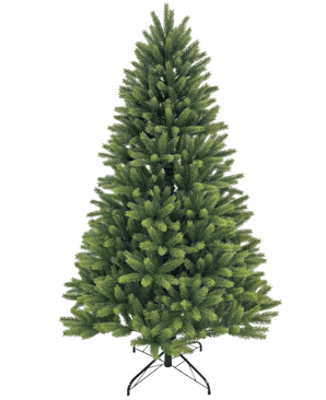 El árbol de Navidad artificial "Ask" 100% PE tiene ramas verdes densas y distribuidas uniformemente hechas de agujas de PE reales. Se apoya en un soporte de metal negro y está representado sobre un fondo blanco liso.