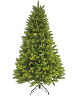 El árbol de Navidad artificial "Ask" 100% PE - Smart LED tiene ramas táctiles reales, iluminación blanca cálida incorporada y se apoya en un soporte de metal negro sobre un fondo blanco liso.