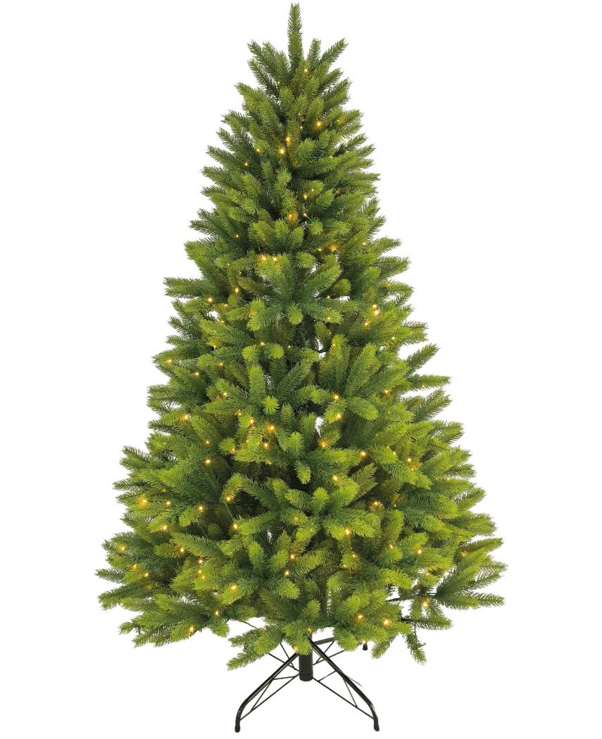 El árbol de Navidad artificial "Ask" 100% PE - Smart LED tiene ramas táctiles reales, iluminación blanca cálida incorporada y se apoya en un soporte de metal negro sobre un fondo blanco liso.