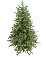 El Árbol de Navidad artificial "Åsmund" PE/PVC - Smart LED es un árbol artificial verde con un soporte de metal negro, equipado con pequeñas luces blancas cálidas distribuidas uniformemente y sin adornos ni copa.