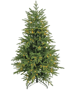 El Árbol de Navidad artificial "Åsmund" PE/PVC - Smart LED es un árbol artificial verde con un soporte de metal negro, equipado con pequeñas luces blancas cálidas distribuidas uniformemente y sin adornos ni copa.