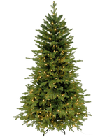 El árbol de Navidad artificial "Ibsen" PE/PVC - Smart LED se alza sobre una base de metal negro sobre un fondo blanco, sus exuberantes ramas verdes están llenas de pequeñas luces blancas cálidas y sin adornos navideños adicionales.