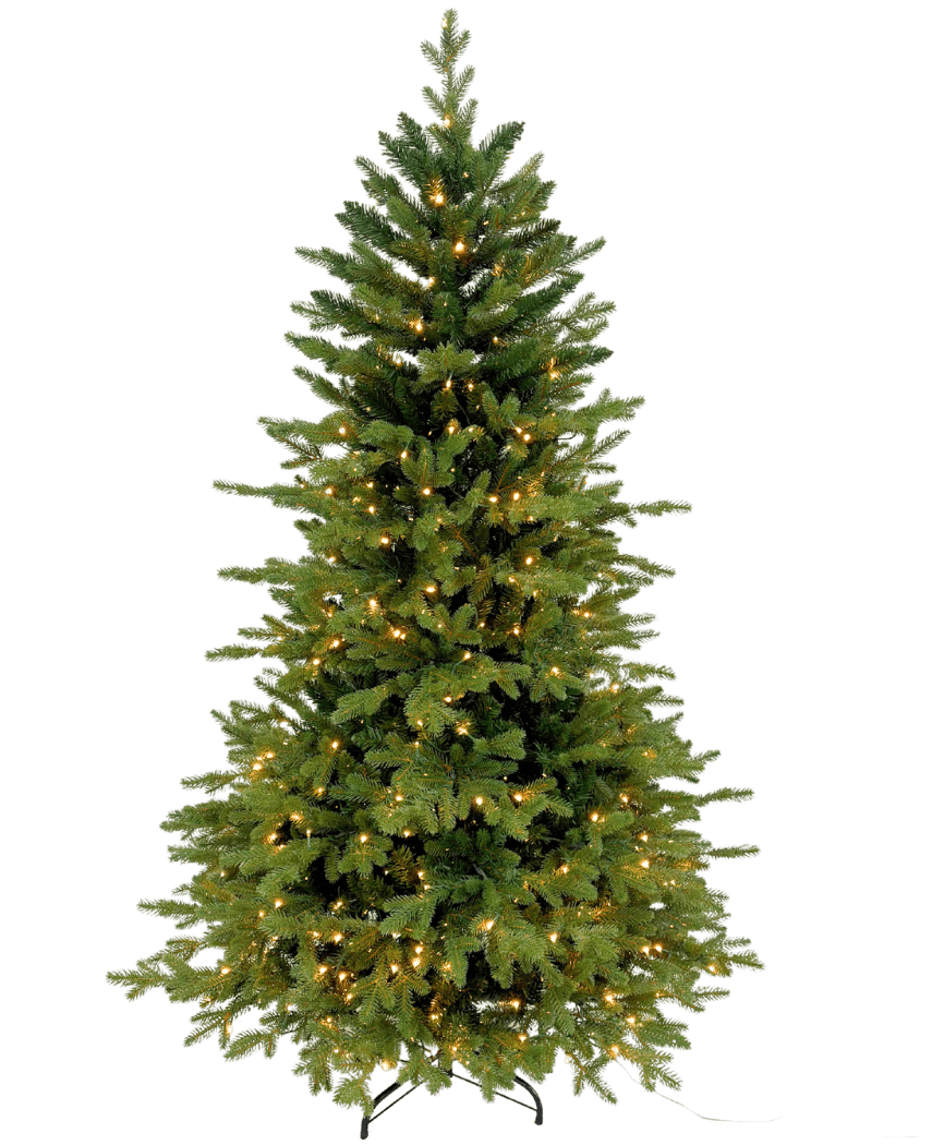 El árbol de Navidad artificial "Ibsen" PE/PVC - Smart LED se alza sobre una base de metal negro sobre un fondo blanco, sus exuberantes ramas verdes están llenas de pequeñas luces blancas cálidas y sin adornos navideños adicionales.