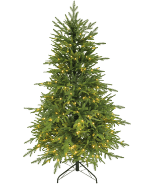 El árbol de Navidad artificial "Sigrid" (100 % PE) con luces LED inteligentes en color blanco cálido se alza sobre un soporte de metal sobre un fondo blanco liso.